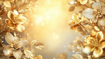 Luxury golden floral background with glittering particles. Magic gold flowers luxurious fairytale theme
