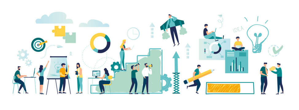 Team work in office on improving business and ideas. Development of success plan for success, growth and achievement of company, growth of income of assets, combination of a group vector illustration