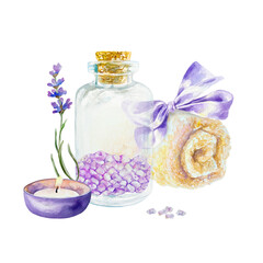 Lavender SPA treatment, bath sea salt in a bottle, towel, candle, flower. Hand drawn watercolor illustration isolated on white. For certificates and invitations, postcards, posters, banners, menu.