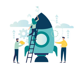 entrepreneurship teamwork on start up . people run rocket building ,investments ,ideas new project launch metaphor. company launches new acceleration product start. vector illustration teamwork