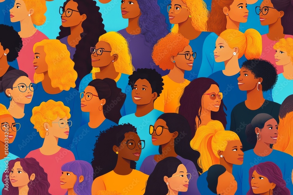 Poster crowd of diverse women in profile symbolizing unity inclusion and individuality through bold colors 