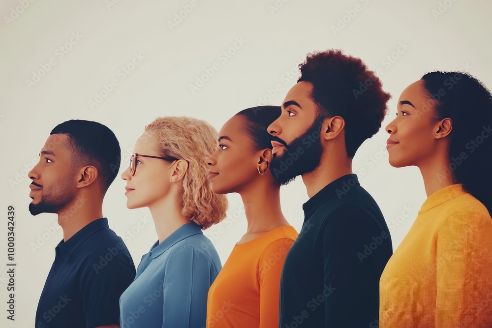 Poster studio portrait of a diverse group of people standing side by side symbolizing unity equality and de