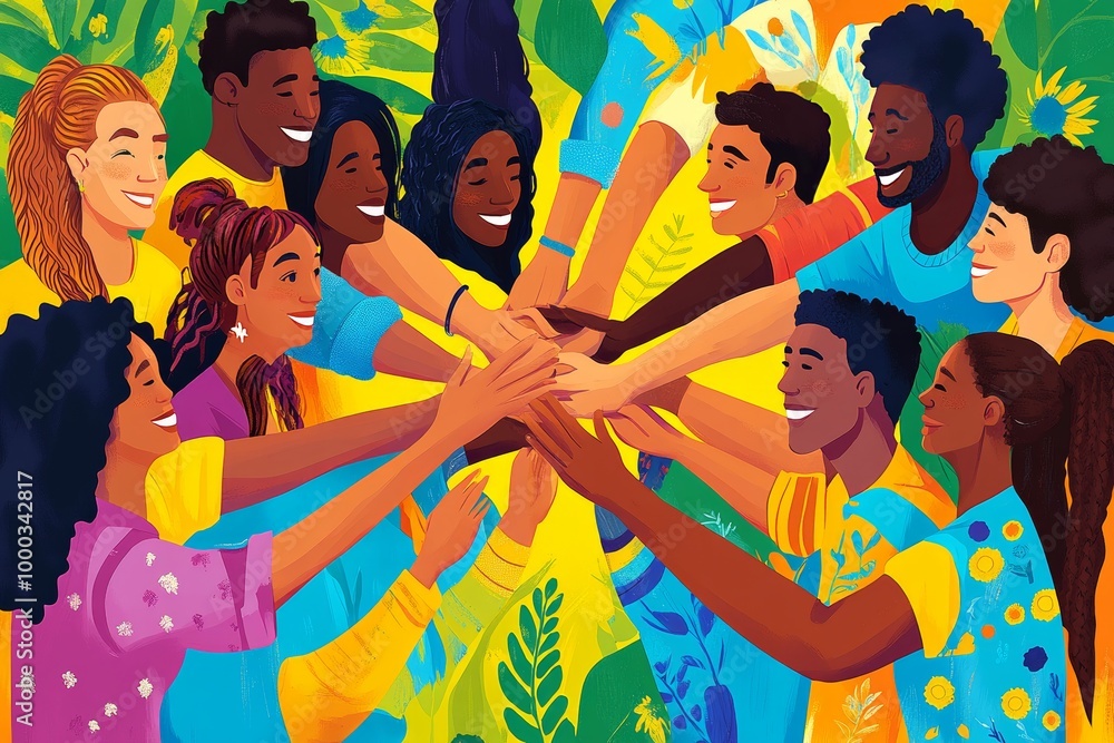 Aufkleber illustration of a diverse group of people joining hands in a colorful circle symbolizing unity teamw