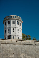 Tower on the top of fortress in Pula, observation tower on the edge of a city wall. Beautiful blue skies over the fort in Pula, Croatia