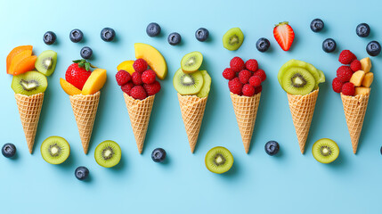 Playful Composition of Ice Cream Cones Filled with Fresh Fruits on a Pastel Blue Background, Showcasing a Fun and Healthy Twist on a Classic Treat