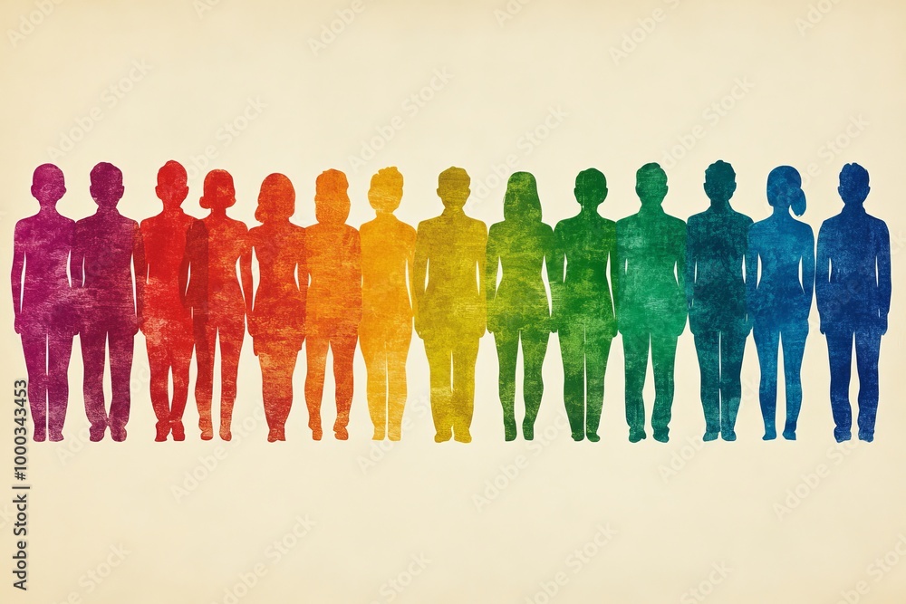 Poster silhouette of people standing in rainbow colors symbolizing diversity inclusion and unity in a minim