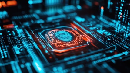 A digital fingerprint glows brightly in the center of a circuit board, surrounded by blue and orange lines and data