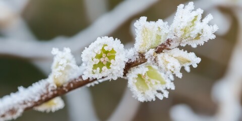 A macro shot of frost-covered flower buds on a branch, highlighting delicate icy crystals in the early winter morning.