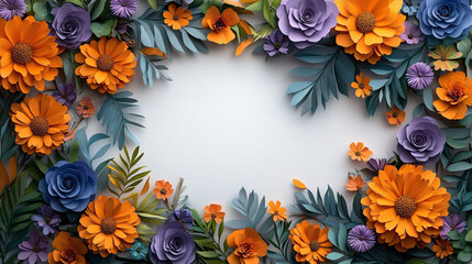 Obraz premium Bright marigold flowers and vibrant purple paper cutouts create a colorful floral frame on a clean white background, ideal for vibrant invitations or decor themes.