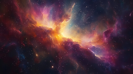 Fototapeta premium Stunning image of a vibrant nebula in deep space, showcasing a beautiful array of colors and celestial wonders of the universe. Deep Space Travel. Illustration