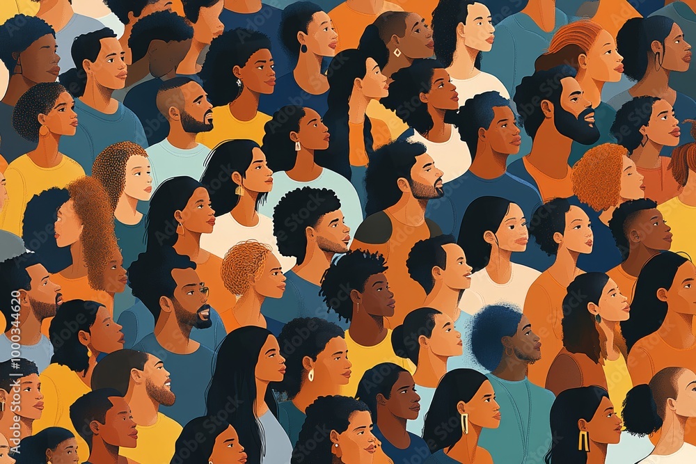Poster abstract digital illustration of a dense crowd of diverse individuals symbolizing cultural diversity