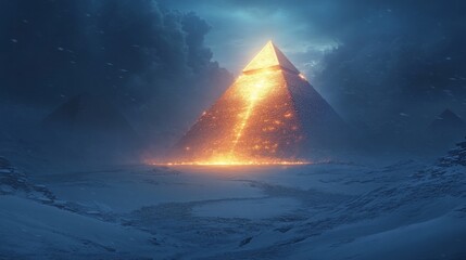 Mystical Illuminated Pyramid in Snowy Landscape