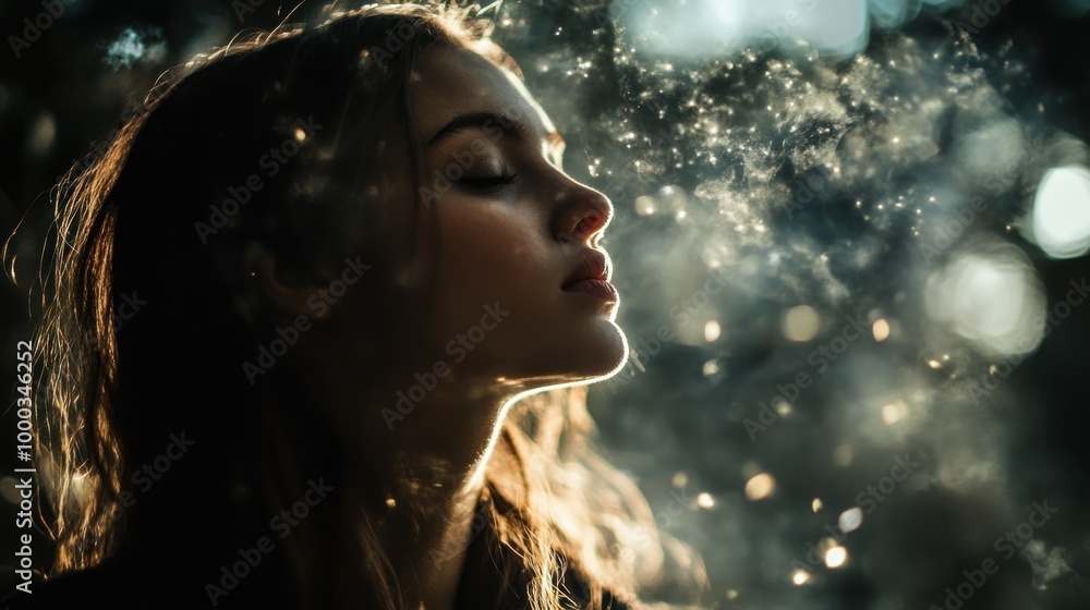 Canvas Prints A Young Woman Gazing Upwards With Eyes Closed, Surrounded by Light and Bokeh