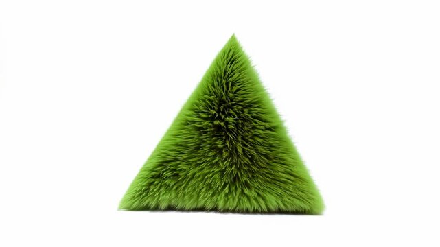 Vibrant green, textured, fuzzy triangular geometric minimalist Christmas tree creature set against pure white background. Ideal for festive holiday eco friendly designs