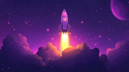 Naklejka premium Space Rocket Launching at Night