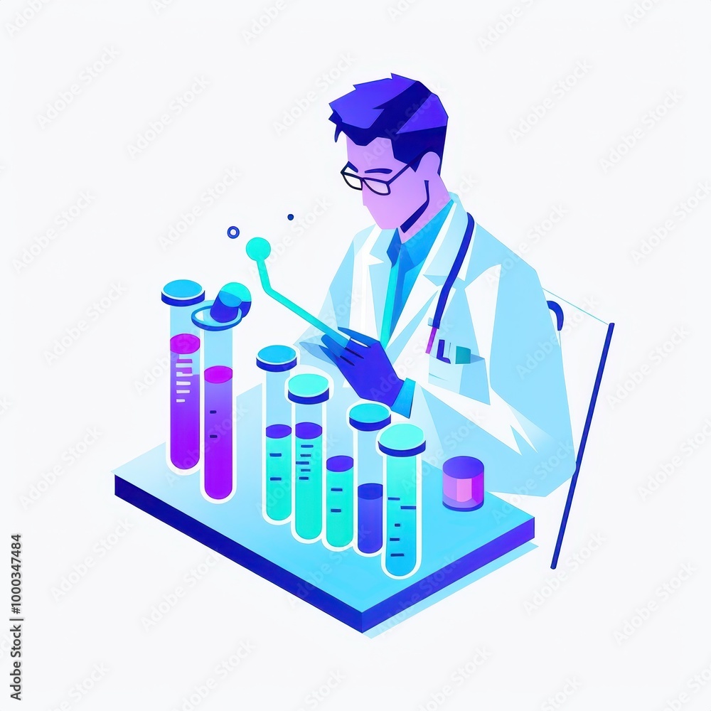 Poster a scientist conducting experiments with test tubes and lab equipment.