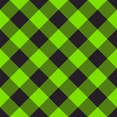 Halloween neon green gingham check Vector pattern. Diagonal checkered Halloween seamless pattern in neon green, black.