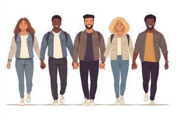 Obraz premium Illustration of five young adults walking together in casual outfits symbolizing friendship diversity and confidence in a vibrant modern setting