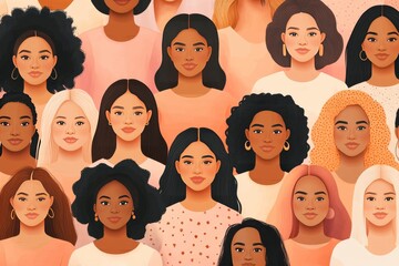 Illustration of a diverse group of women in various skin tones symbolizing beauty empowerment and solidarity in a minimalist abstract setting