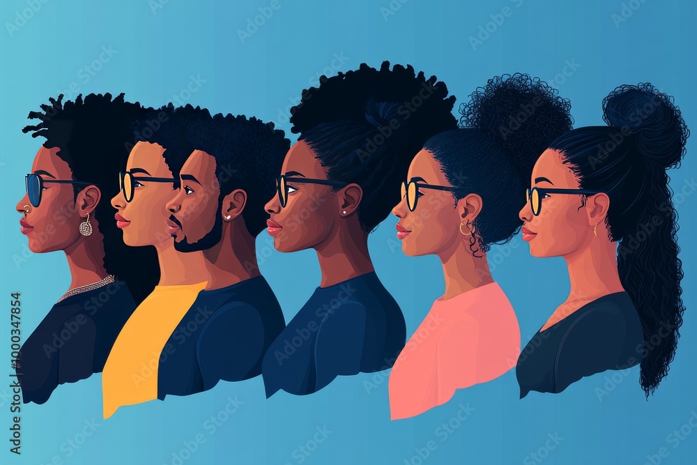 Poster digital illustration of diverse individuals standing in profile symbolizing unity strength and diver