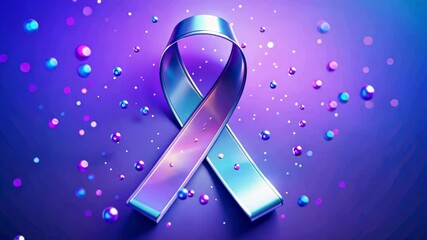Purple ribbon on vibrant gradient violet background with assorted bubbles. Pancreatic, world cancer day, lupus, Alzheimer, epilepsy and domestic violence day Awareness symbol.