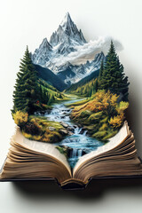 A mountain landscape coming out from a giant book, like a story came to life © steevy84
