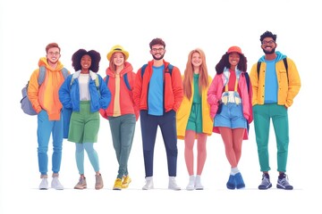 Obraz premium Illustration of a group of young friends wearing casual colorful clothing symbolizing friendship unity and youth adventure in a vibrant playful setting