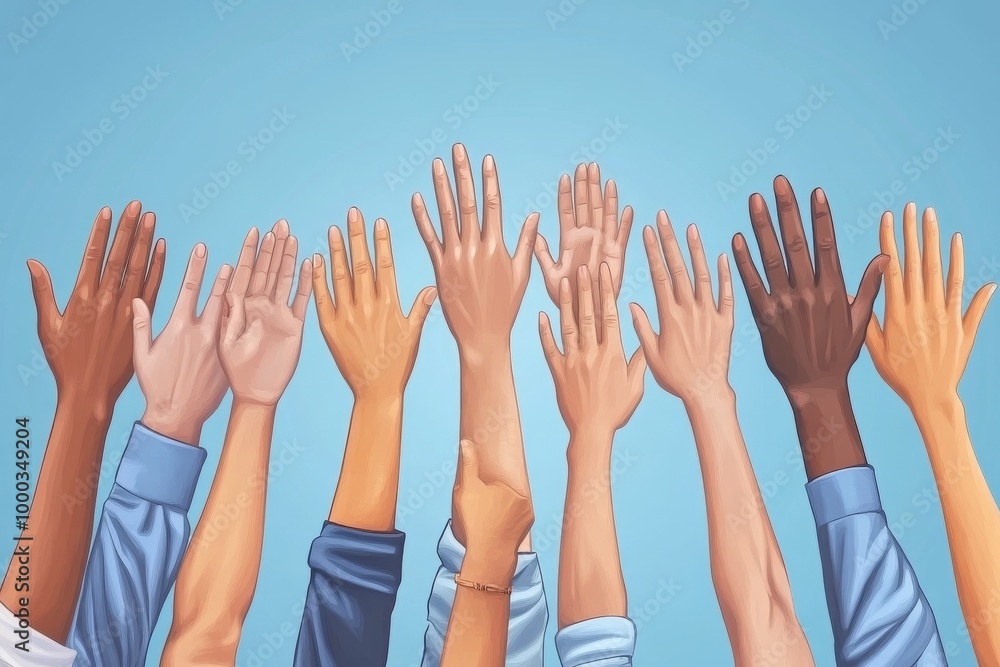 Poster illustration of hands reaching upward symbolizing unity teamwork and shared effort in a minimalist v
