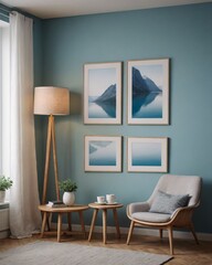 Living room with poster frames on blue wall 3d illustration, luxury style, 3d render