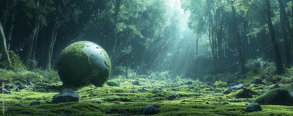 Poster vibrant forest scene with mysterious globe object