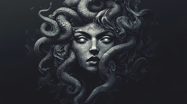 The classic depiction of the head of the gorgon medusa from ancient mythology, a gloomy awesome look horror fright. generative ai technology. Medusa. Illustration