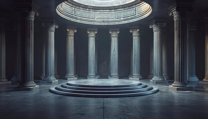 Stone podium for product presentation with ancient Greek interior design in the background