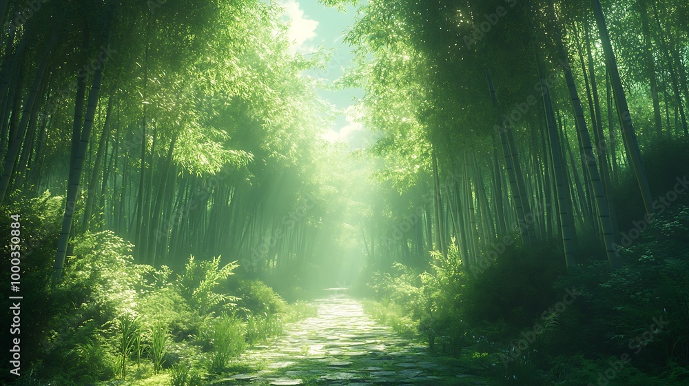 Poster sunbeams illuminate a path through a dense bamboo forest.