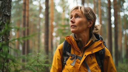 A knowledgeable middle-aged Finnish female forester inspects the health of trees in a dense forest, showing expertise in forestry and environmental care.