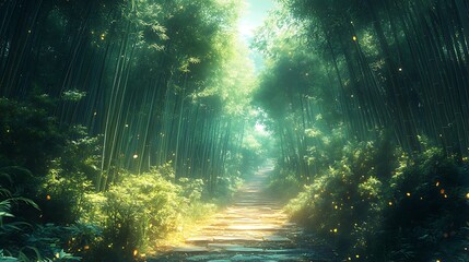 Obraz premium Sunlit path through a dense bamboo forest with glowing fireflies.
