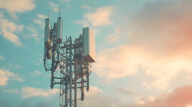 Macro base station with 5G radio modules and smart antennas on a metal tower, set against a backdrop of clouds.