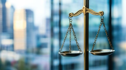 A Golden Scale of Justice with a Blurred Cityscape Background