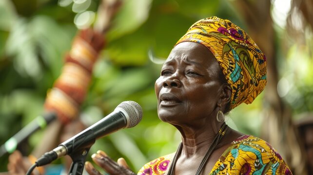 A middle-aged Zande female singer performing a traditional song at a community gathering, looking soulful and expressive, highlighting cultural heritage and passion.