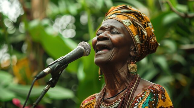 A middle-aged Zande female singer performing a traditional song at a community gathering, looking soulful and expressive, highlighting cultural heritage and passion.