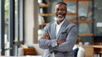 Fototapeta premium A smiling young businessman in a modern office environment, exuding confidence and positivity while dressed in professional attire.