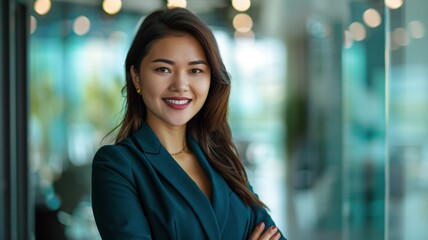 Obraz premium A confident businesswoman smiling warmly in a modern office, dressed in professional attire, exuding leadership and success.