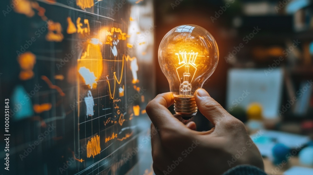 Poster hand holding illuminated lightbulb against a background of charts and graphs