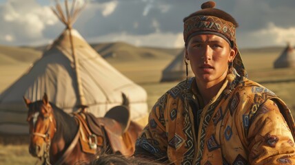 A young Bashkir male horse rider participates in a traditional equestrian event, displaying skill and excitement as he competes in the cultural sport.