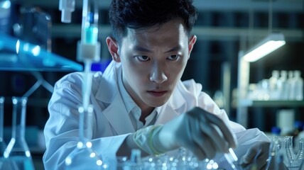 A young Han Chinese male scientist conducts an experiment in a high-tech laboratory, looking focused and innovative as he works with advanced scientific equipment.