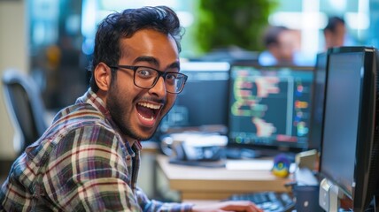 Fototapeta premium A young Indian male software developer sits at his desk in a modern office, looking excited and accomplished as he successfully debugs a complex code.