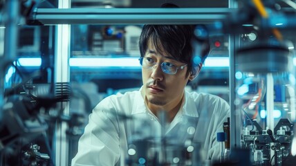A young Japanese male scientist, looking excited and focused, conducts a robotics experiment in a high-tech laboratory, showcasing innovation and cutting-edge technology.
