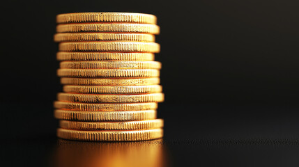 A close-up of a stack of shiny gold coins against a dark background, symbolizing wealth, finance, and investment concepts.