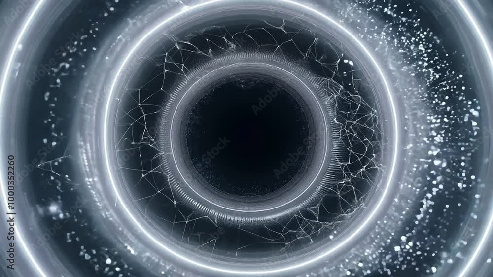 Poster abstract circle shape with dark background and light streaks and lines.