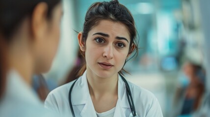 A calm Turkish female doctor reassuring a patient in a hospital.