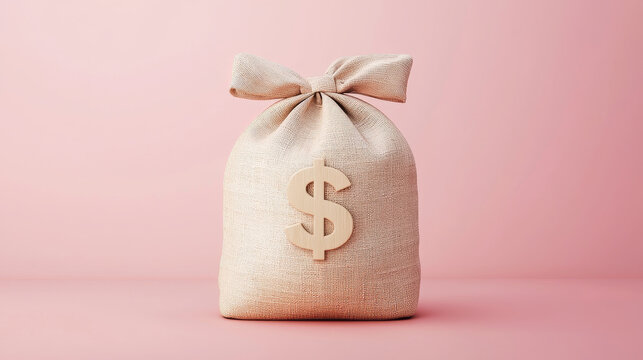 A stylish canvas money bag with a dollar sign on a soft pink background, perfect for finance and savings concepts.